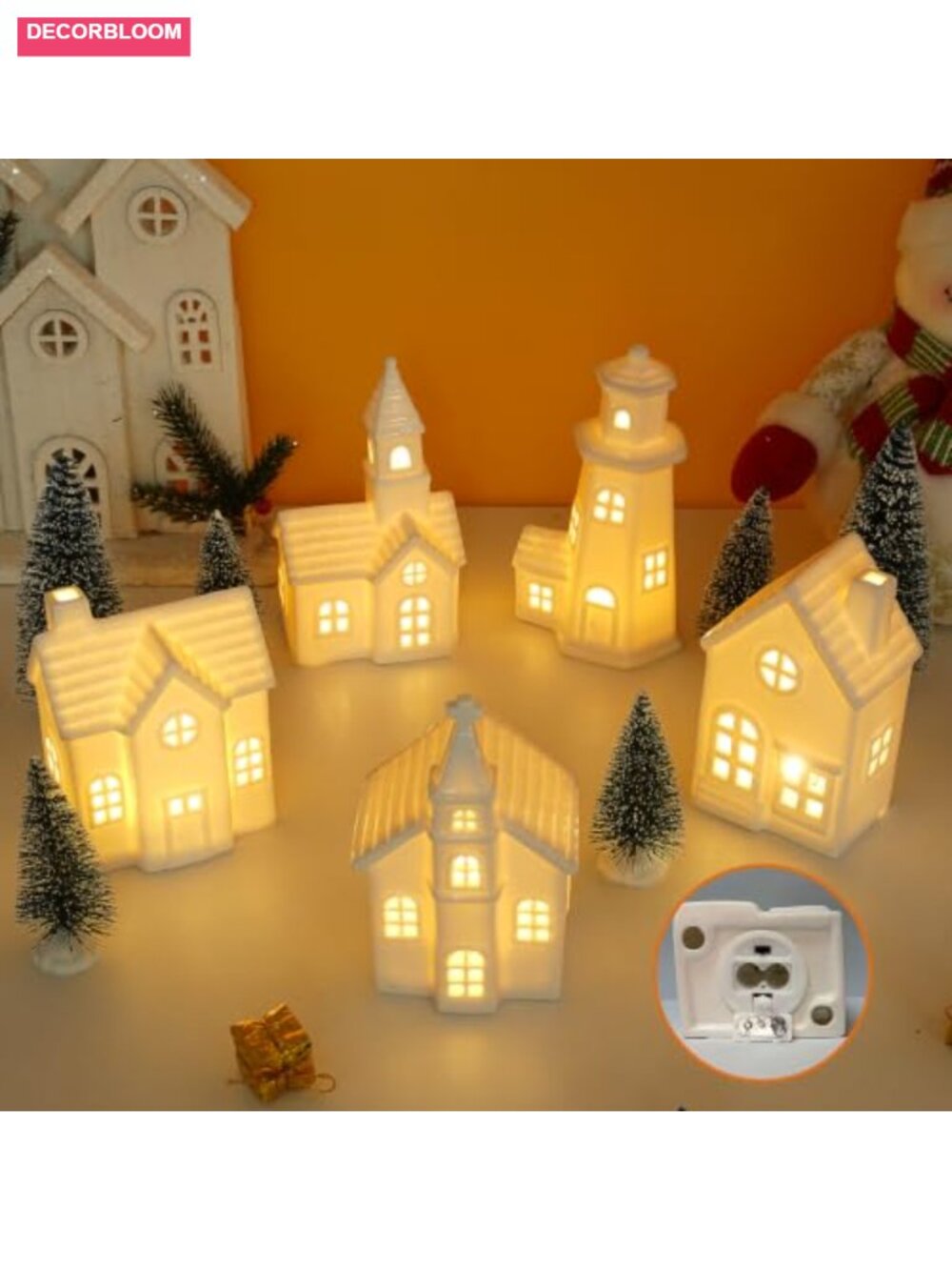 11Pc Ceramic Christmas Village Houses Set LED Timer